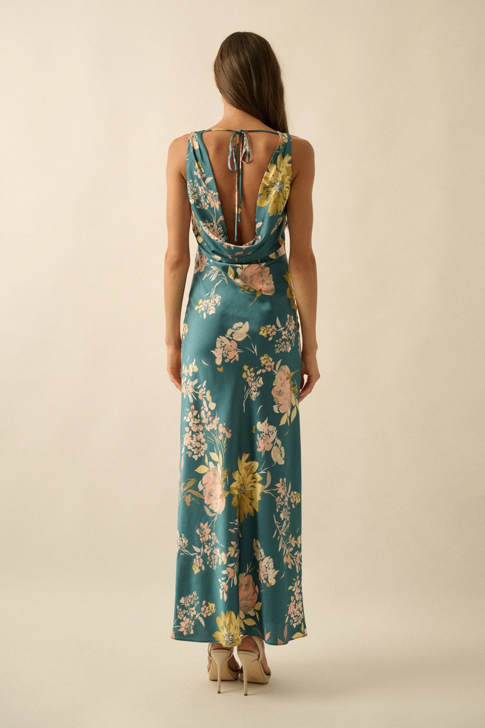 satin floral maxi dress Floral-Print Satin Bias-Cut Cowl-Back Maxi Dress – Starr Boutique