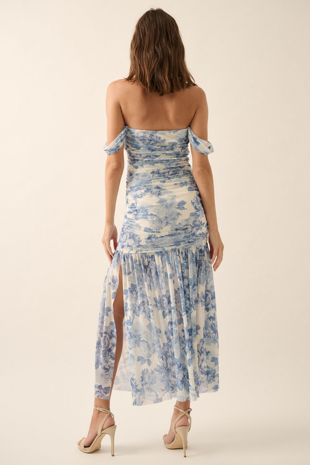 floral mesh rouched maxi dress Women's Blue Floral Mesh Ruched One Shoulder Thigh Split Maxi Dress