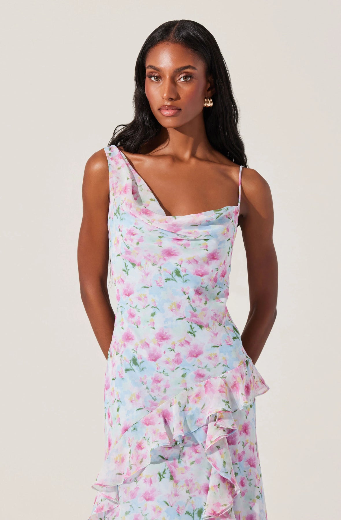 asymmetric floral midi dress Levina Asymmetrical Floral Ruffle Midi Dress Starr Boutique